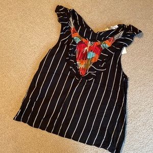 THML black and white stripe with colorful embroidered neck detail tank top